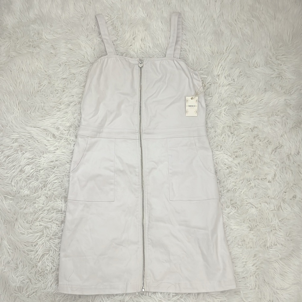 Girls White Zip-Front Dress with Pockets